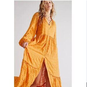 Free People Edie Dress Womens Medium Yellow Maxi Boho Tiered Peasant Long Sleeve